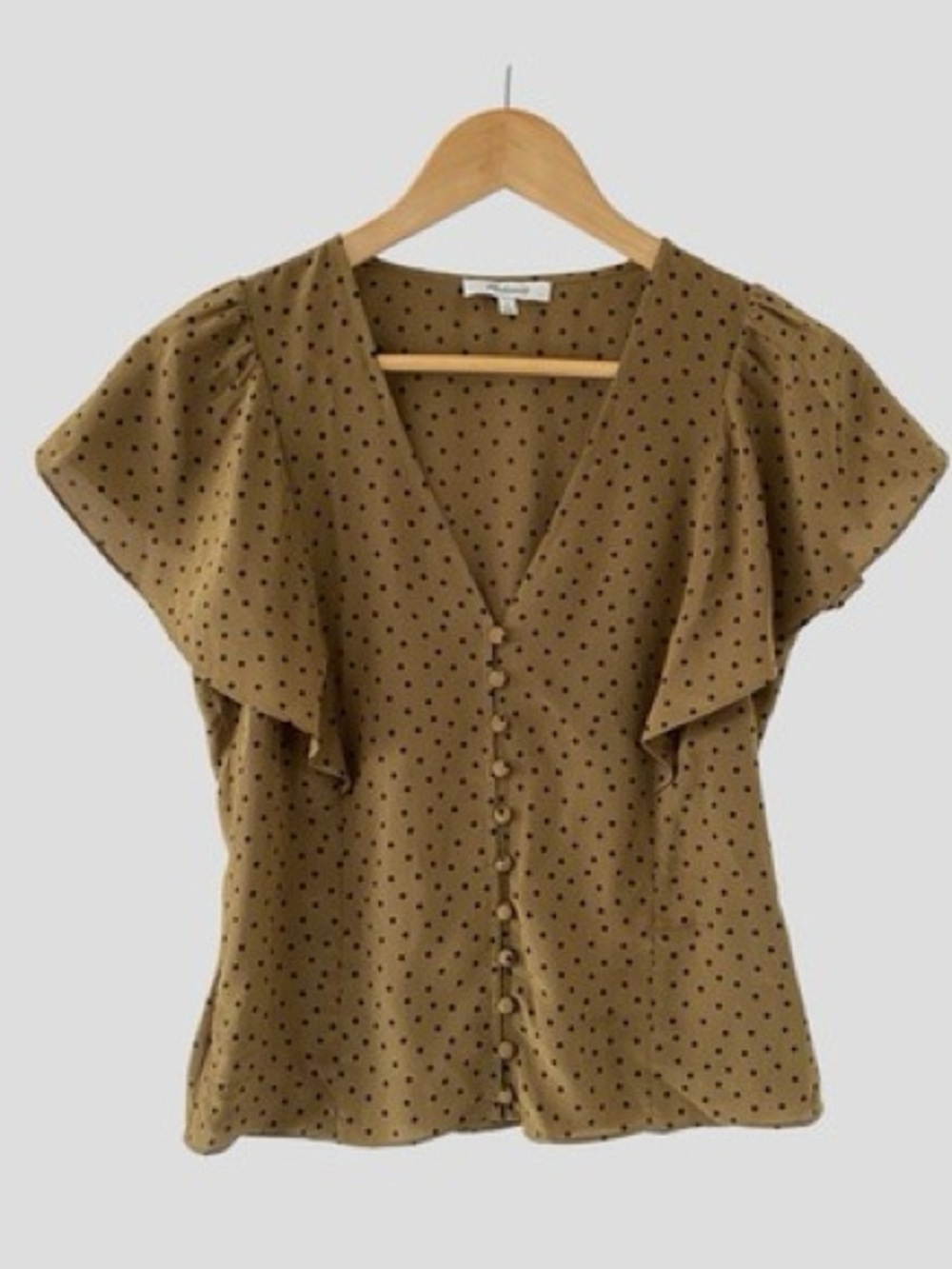 Madewell Silk Carmelina Brown Polka Dot Button-Front Flutter Sleeve Top